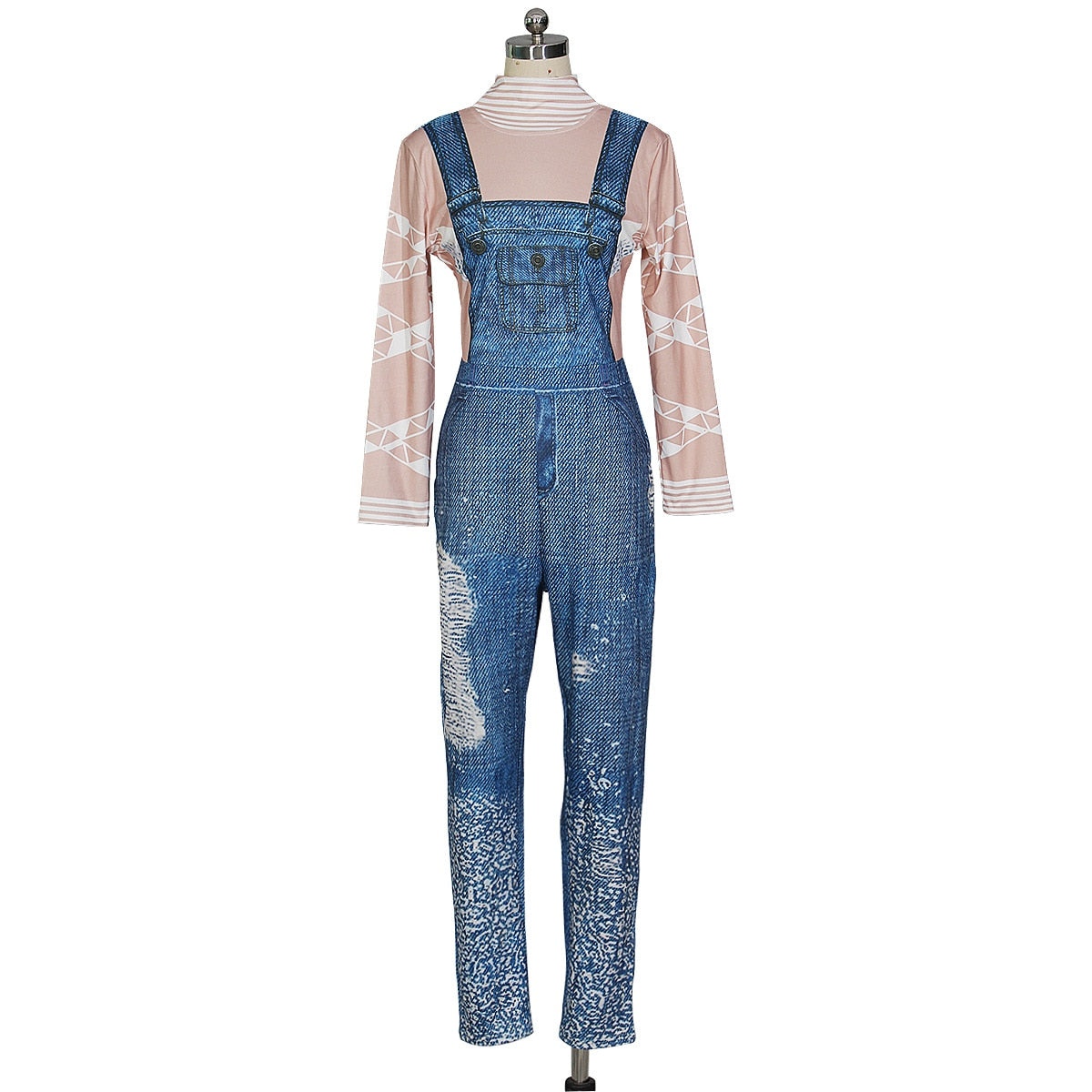 Women Fashion Sexy Plus Size Print Jeans Rompers Strap Pocket Denim Casual Loose Jumpsuit Long Pants