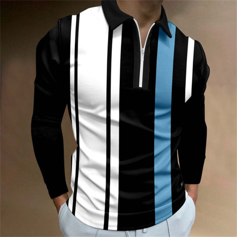 New Men's Zipper Long-Sleeved Casual Slim Sports Lapel Shirt Polo Shirt