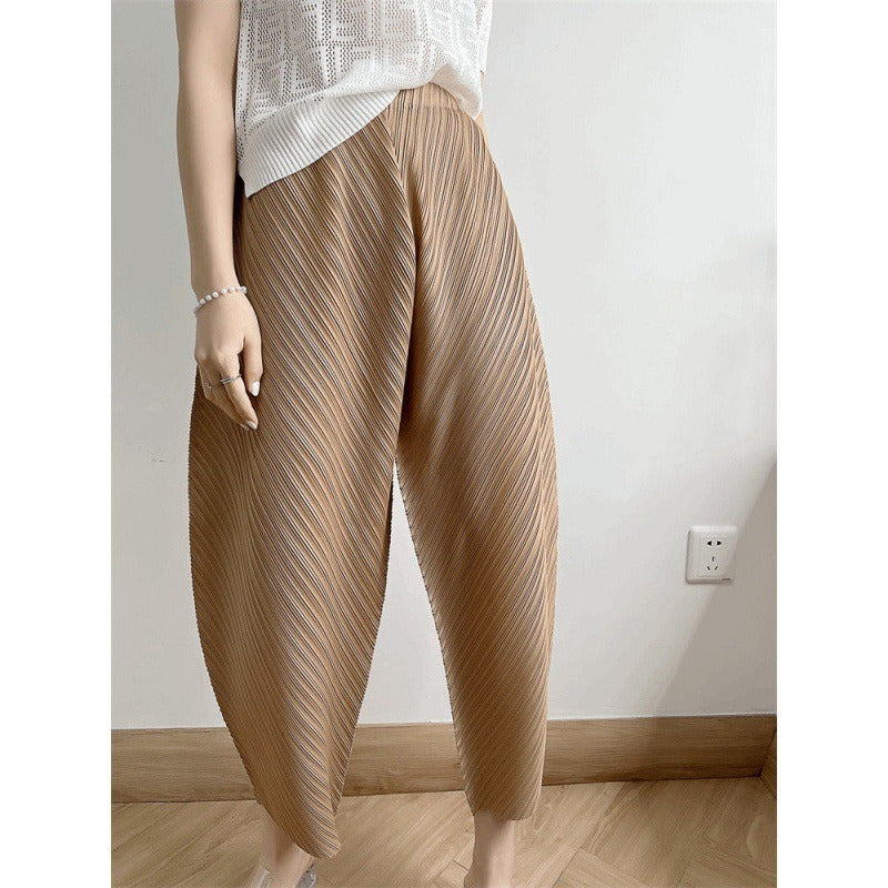 Pleated Ankle-length Pants For Women Solid Color High Waist Wide Leg Trousers Loose
