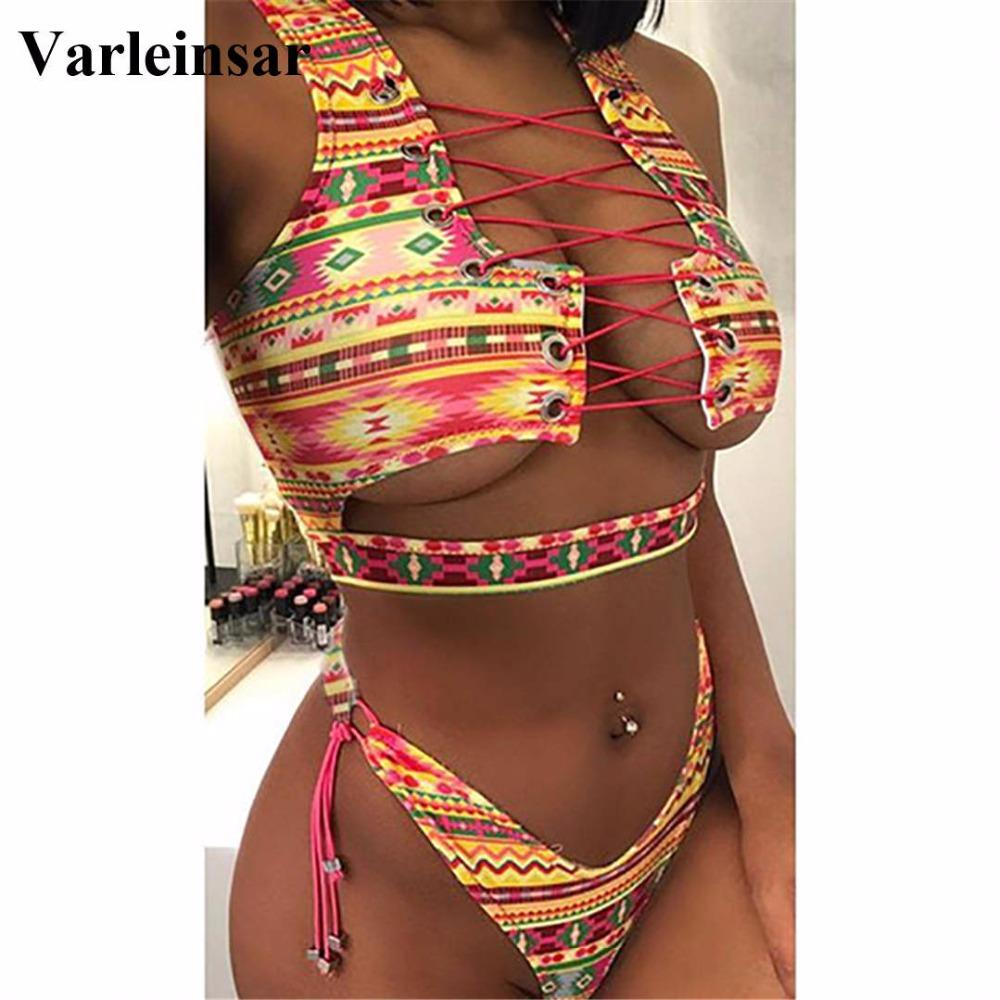 African Sexy Thong Bikini Lace Up Swimwear Two Pieces Swimsuit Bathing Suit