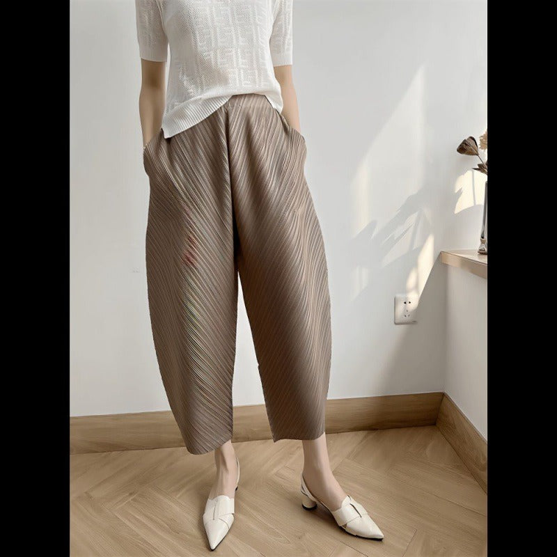 Pleated Ankle-length Pants For Women Solid Color High Waist Wide Leg Trousers Loose