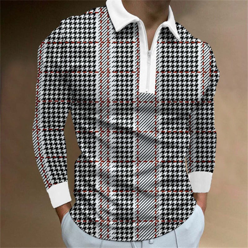 New Men's Zipper Long-Sleeved Casual Slim Sports Lapel Shirt Polo Shirt