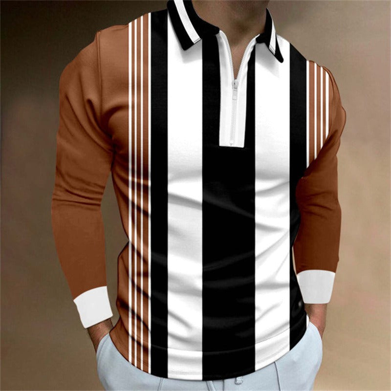 New Men's Zipper Long-Sleeved Casual Slim Sports Lapel Shirt Polo Shirt