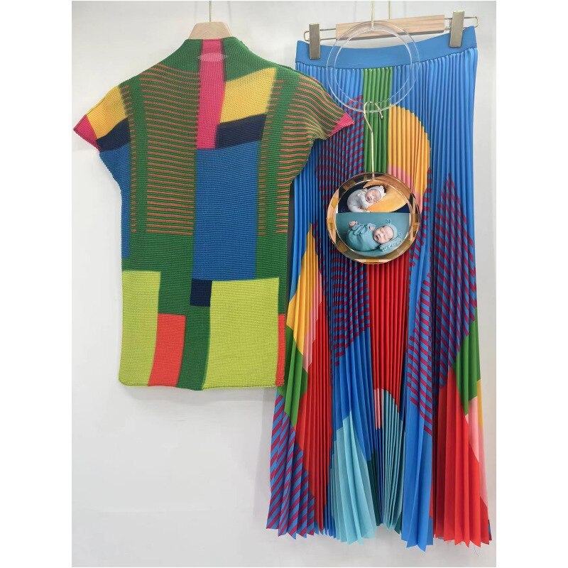 Women Pleated Spring New Geometric Print Corn Pleated Short Sleeve T-Shirt+Fashion High Waist Pleated Dress Casual Party Set