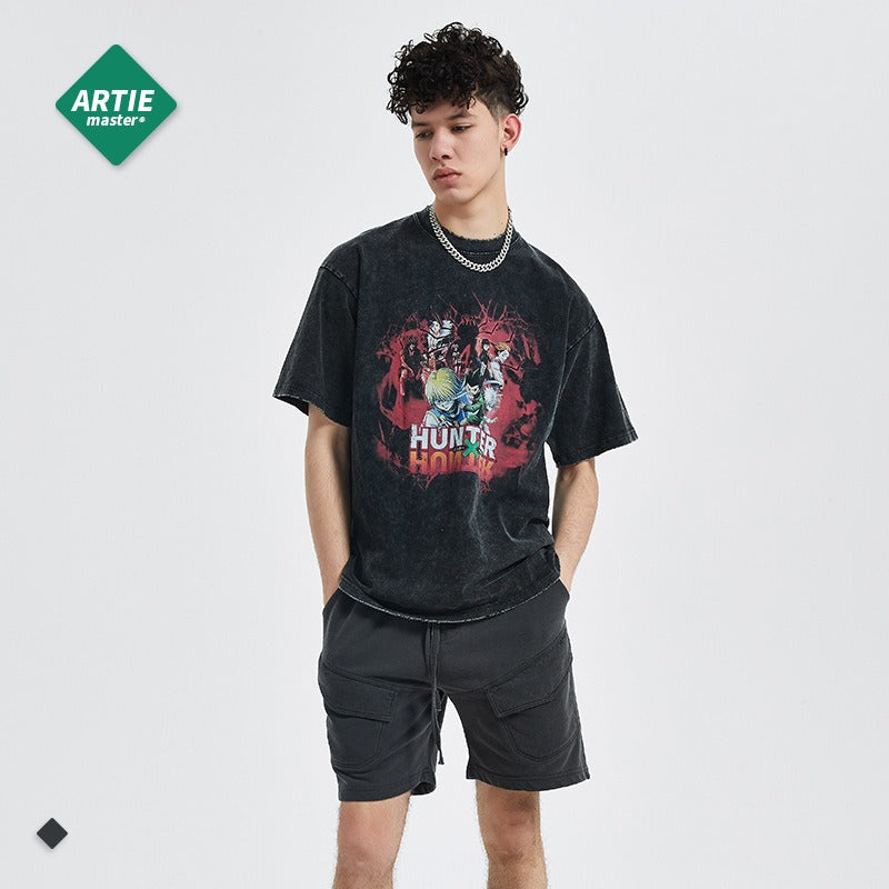 |Street trend anime cartoon loose print men's short sleeved European and American dark style retro washed men's t-shirt