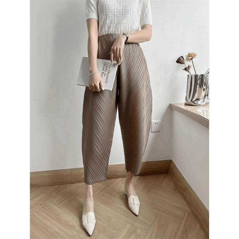 Pleated Ankle-length Pants For Women Solid Color High Waist Wide Leg Trousers Loose