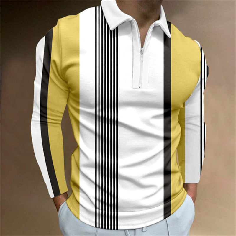 New Men's Zipper Long-Sleeved Casual Slim Sports Lapel Shirt Polo Shirt