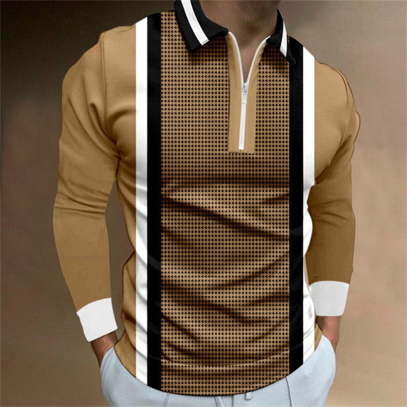 New Men's Zipper Long-Sleeved Casual Slim Sports Lapel Shirt Polo Shirt