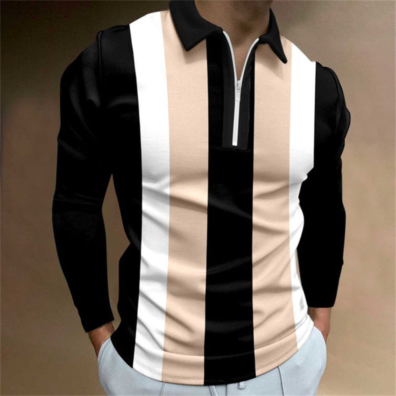 New Men's Zipper Long-Sleeved Casual Slim Sports Lapel Shirt Polo Shirt