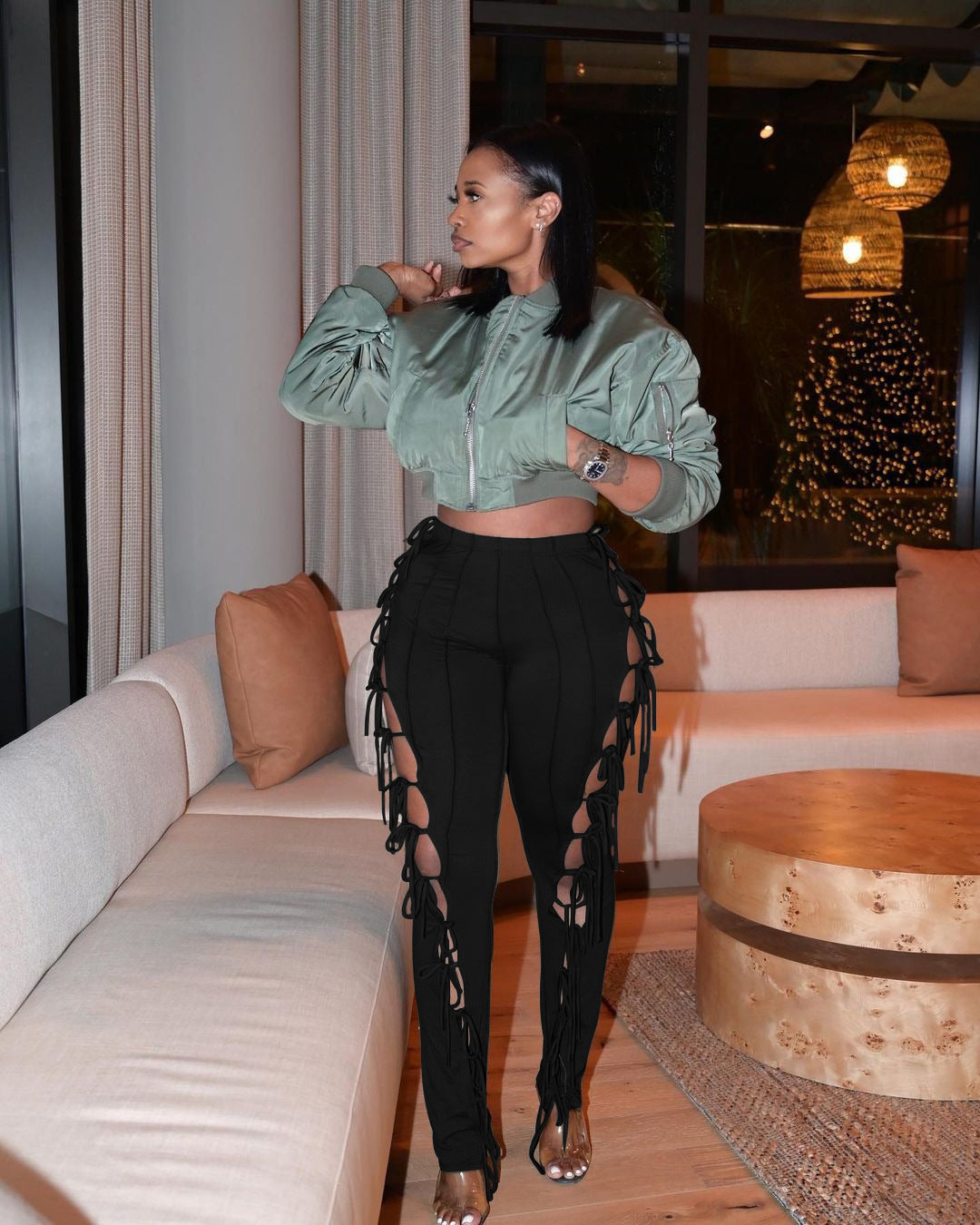 Spring And Summer New European And American Style Women's High Waist Solid Color Lace Hollow Pencil Pants