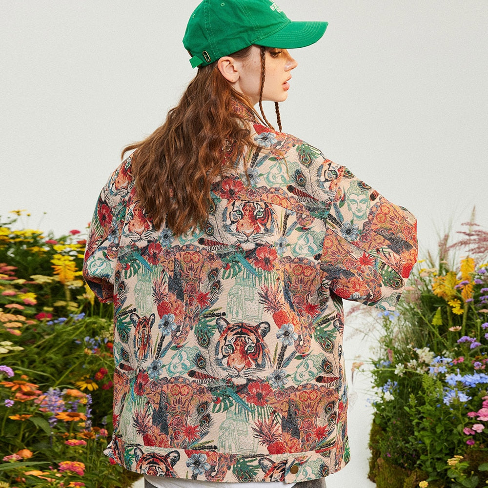 Aolamegs Oversized Men's Shirts Tiger Tree Embroidered Jacket Hip Hop Long Sleeve Summer Fashion High Street Couple Streetwear