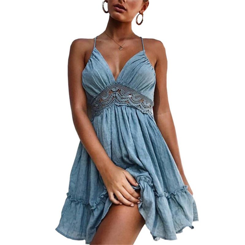 Womens Dresses Summer Lace  Strap Dress Elegant Bohemian Beach Sundress
