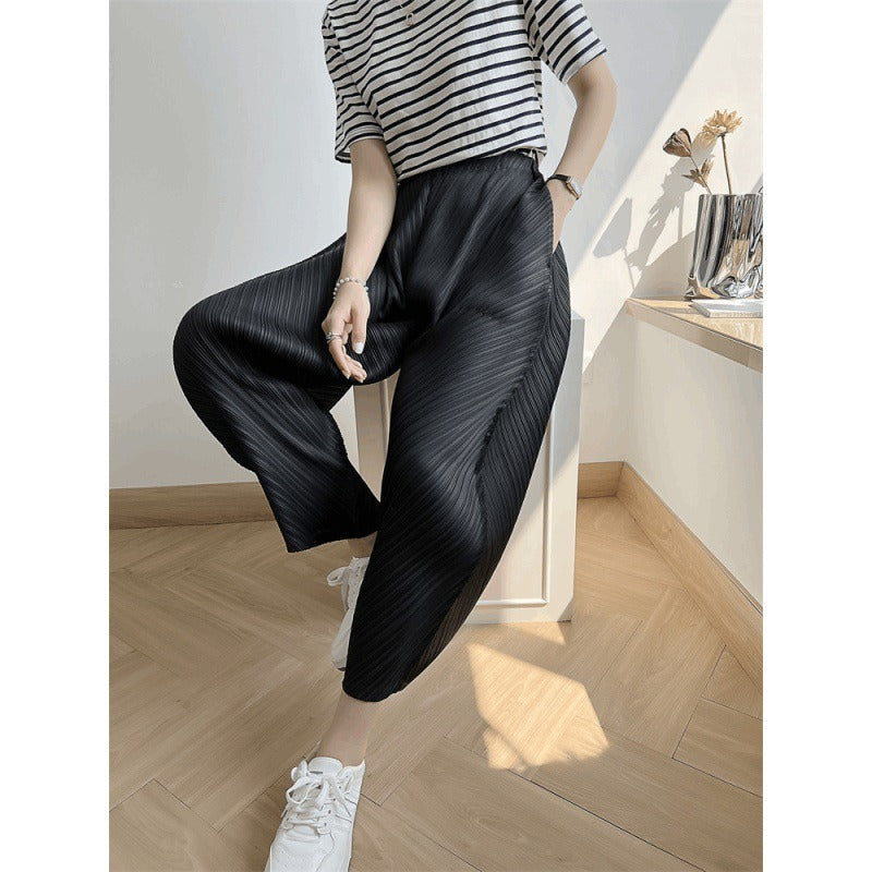 Pleated Ankle-length Pants For Women Solid Color High Waist Wide Leg Trousers Loose