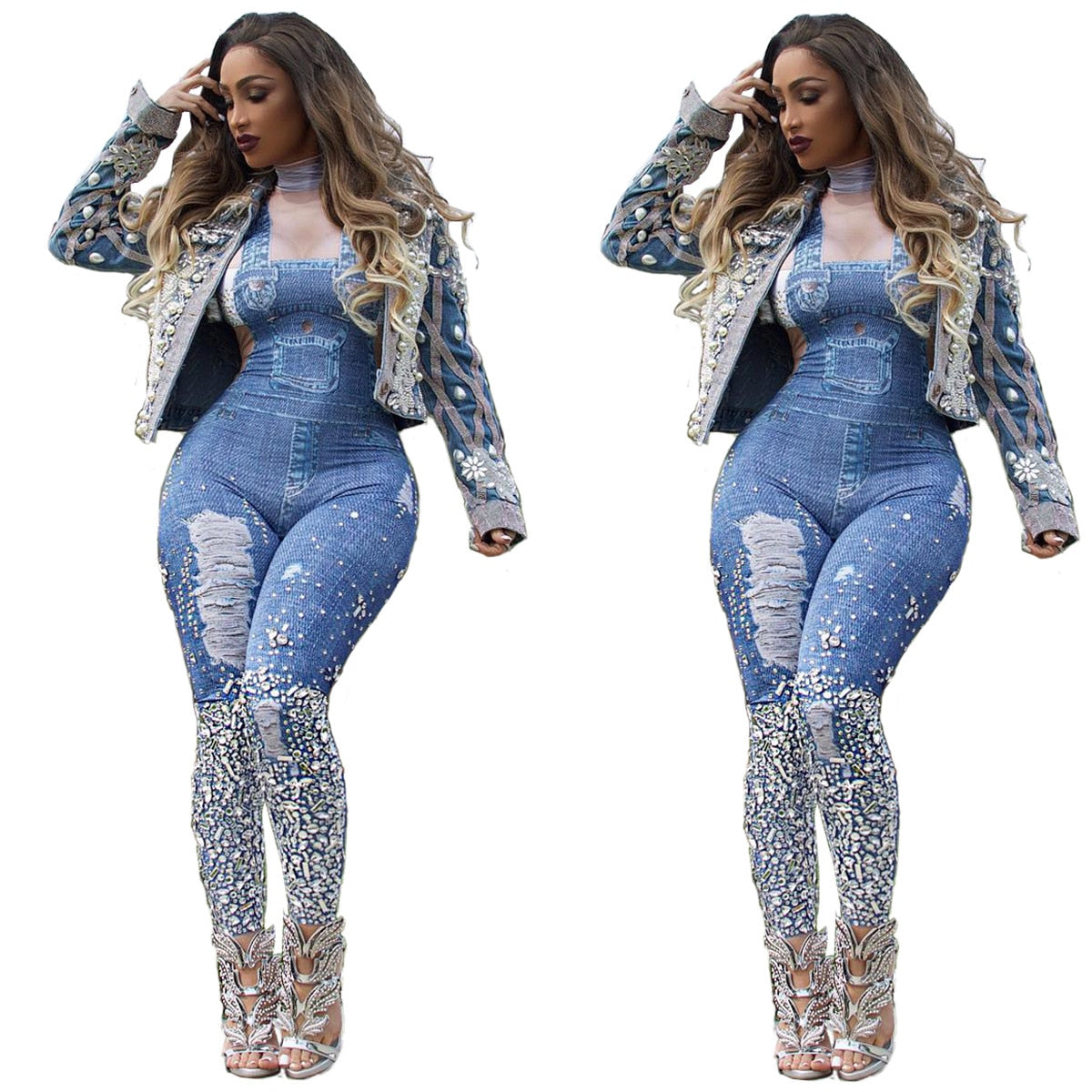 Women Fashion Sexy Plus Size Print Jeans Rompers Strap Pocket Denim Casual Loose Jumpsuit Long Pants