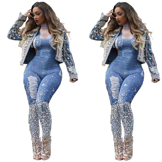 Women Fashion Sexy Plus Size Print Jeans Rompers Strap Pocket Denim Casual Loose Jumpsuit Long Pants