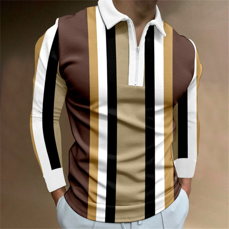 New Men's Zipper Long-Sleeved Casual Slim Sports Lapel Shirt Polo Shirt
