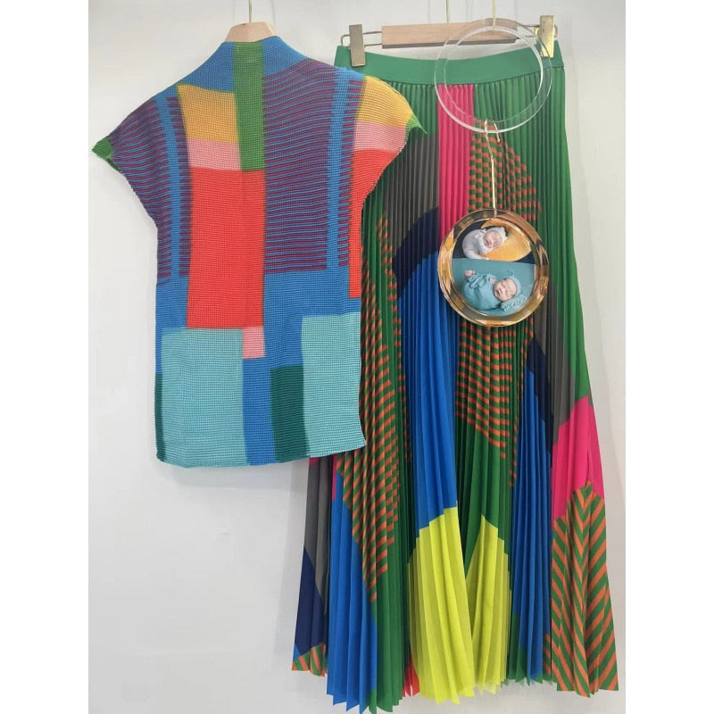 Women Pleated Spring New Geometric Print Corn Pleated Short Sleeve T-Shirt+Fashion High Waist Pleated Dress Casual Party Set