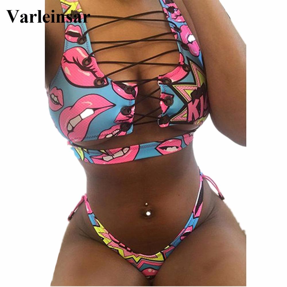 African Sexy Thong Bikini Lace Up Swimwear Two Pieces Swimsuit Bathing Suit