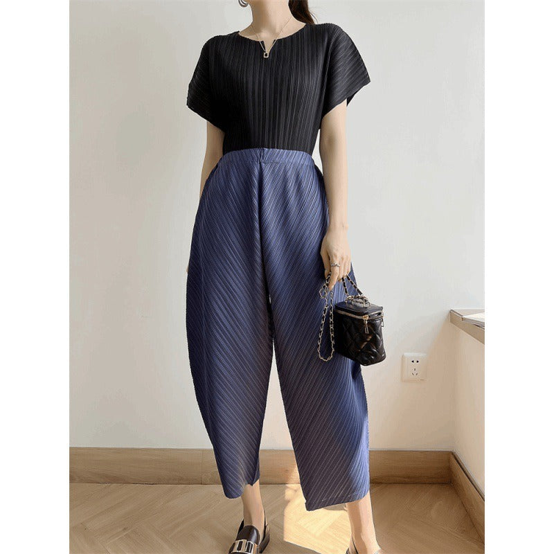 Pleated Ankle-length Pants For Women Solid Color High Waist Wide Leg Trousers Loose