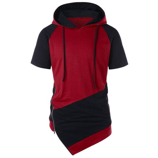 Short Sleeve Drawstring Color Blocking Hoodie