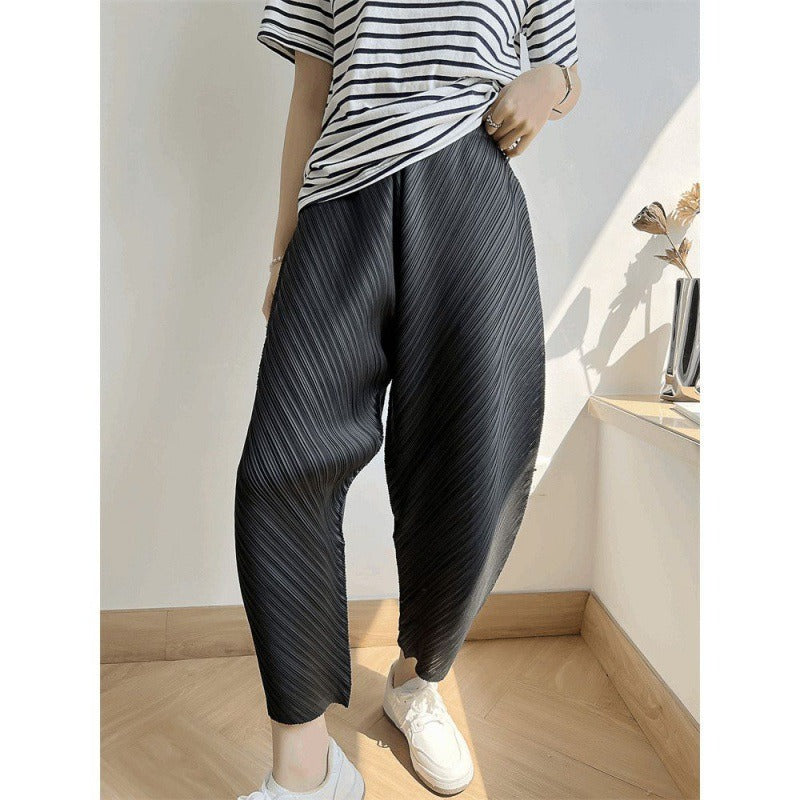 Pleated Ankle-length Pants For Women Solid Color High Waist Wide Leg Trousers Loose