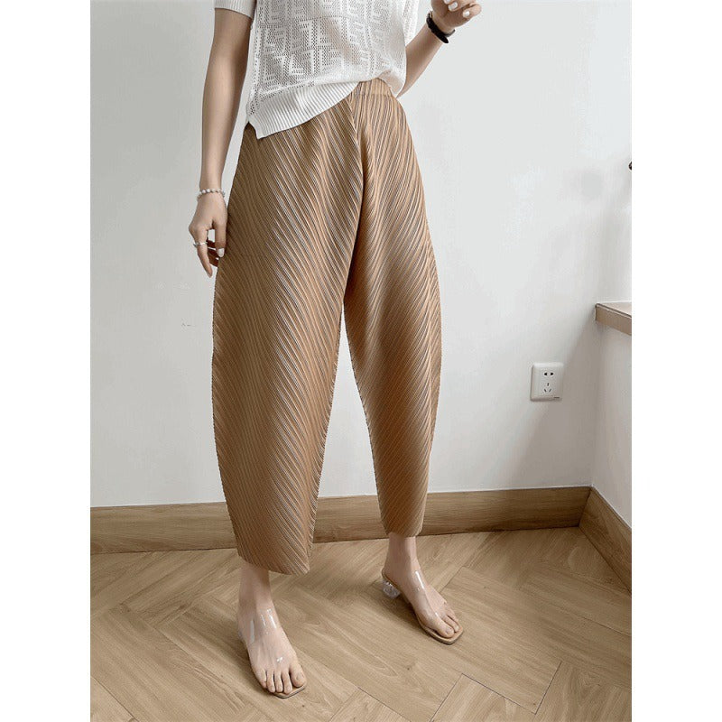 Pleated Ankle-length Pants For Women Solid Color High Waist Wide Leg Trousers Loose