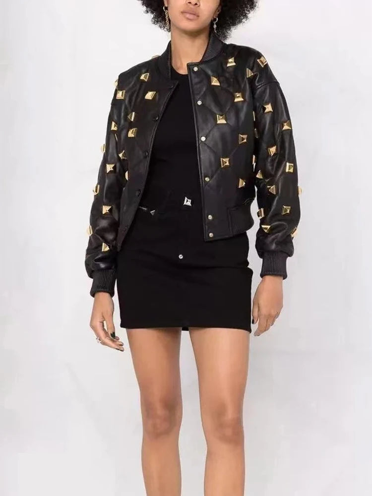 HIGH STREET Newest  Fall Winter Designer Jacket Women's Rivet Buckle Stand Collar Threaded Splicing Leather Jacket
