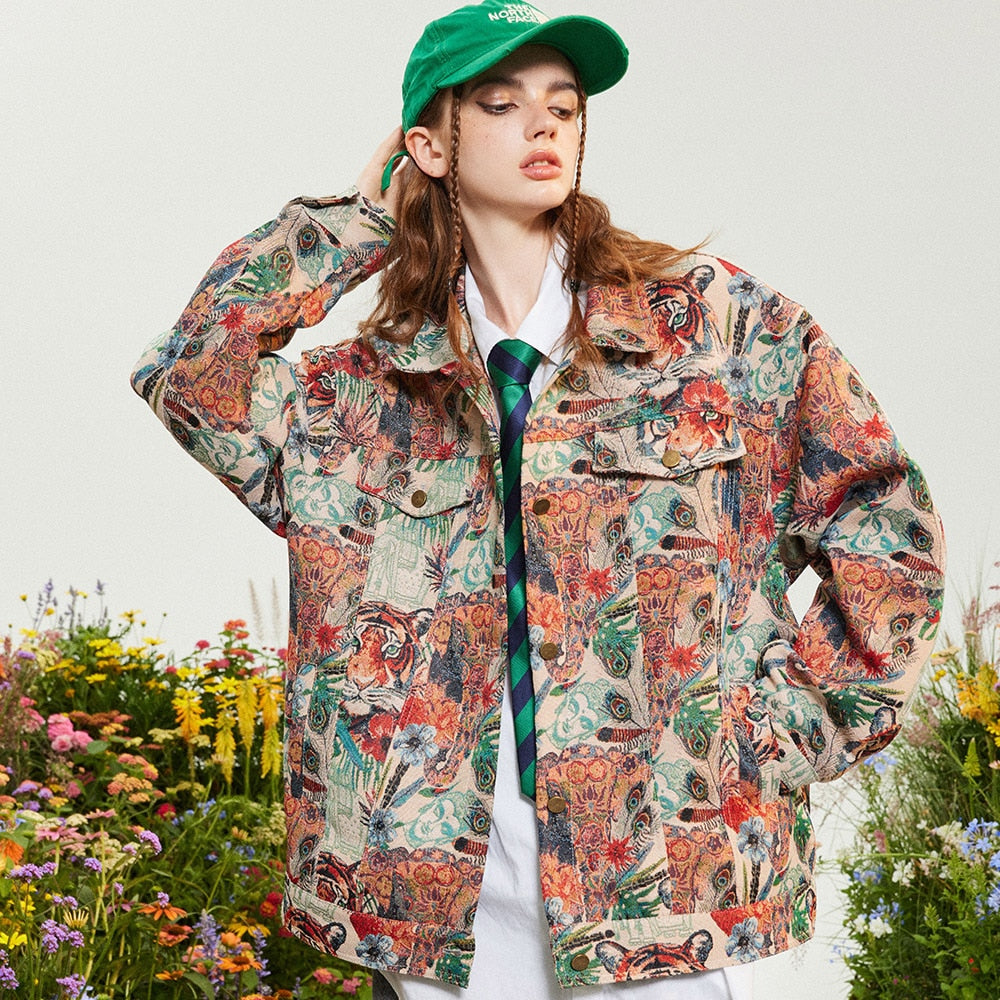 Aolamegs Oversized Men's Shirts Tiger Tree Embroidered Jacket Hip Hop Long Sleeve Summer Fashion High Street Couple Streetwear