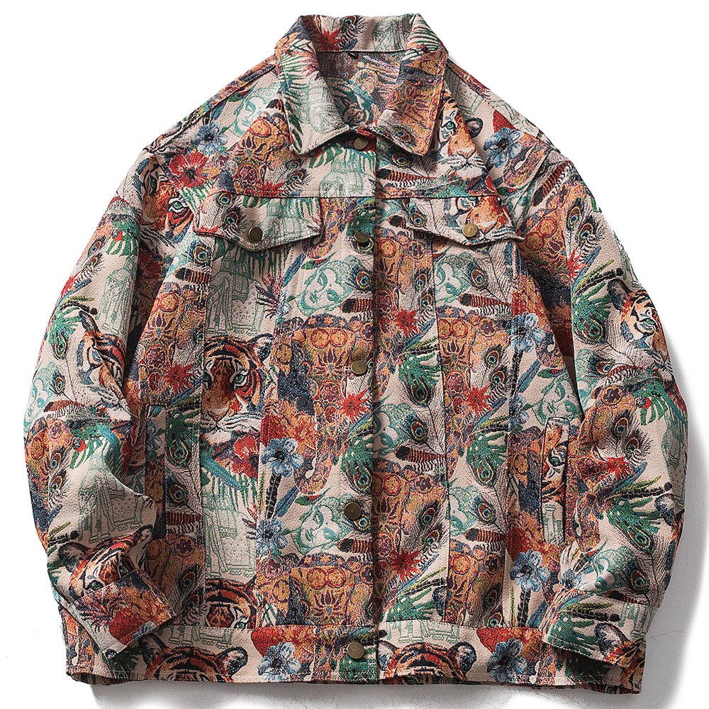 Aolamegs Oversized Men's Shirts Tiger Tree Embroidered Jacket Hip Hop Long Sleeve Summer Fashion High Street Couple Streetwear