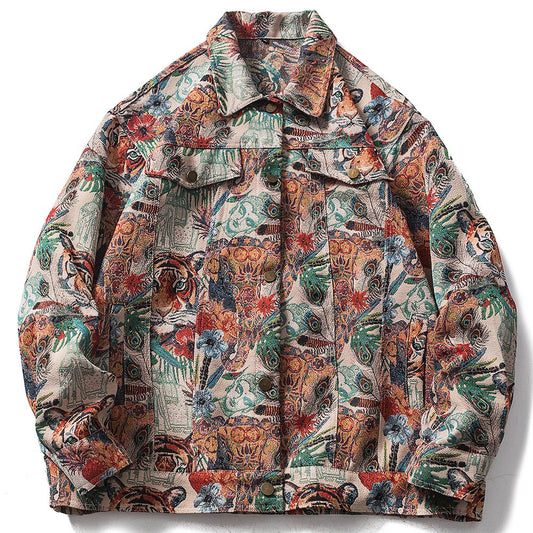 Aolamegs Oversized Men's Shirts Tiger Tree Embroidered Jacket Hip Hop Long Sleeve Summer Fashion High Street Couple Streetwear