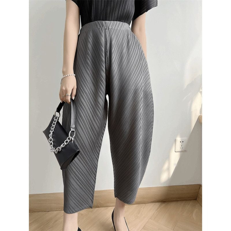 Pleated Ankle-length Pants For Women Solid Color High Waist Wide Leg Trousers Loose