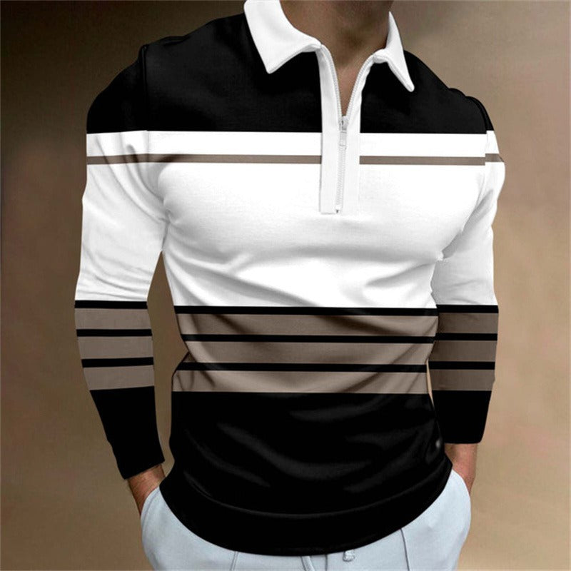 New Men's Zipper Long-Sleeved Casual Slim Sports Lapel Shirt Polo Shirt