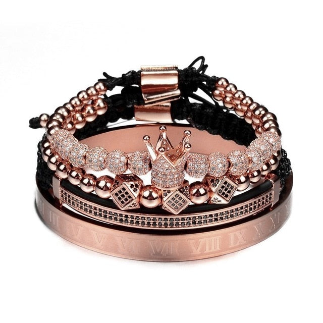 Classical Handmade Braiding Bracelet Gold Hip Hop Men Pave CZ Zircon Crown Roman Numeral Bracelet  Luxury Jewelry