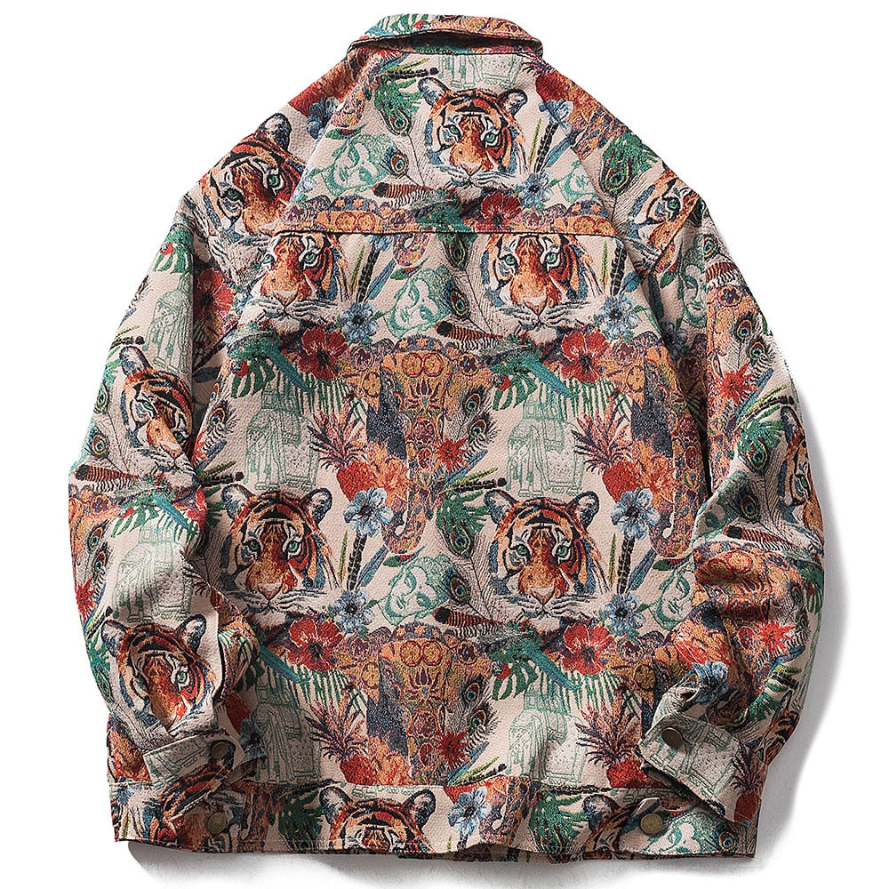 Aolamegs Oversized Men's Shirts Tiger Tree Embroidered Jacket Hip Hop Long Sleeve Summer Fashion High Street Couple Streetwear