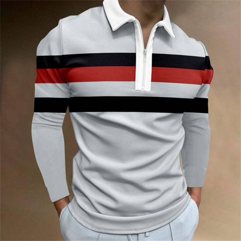 New Men's Zipper Long-Sleeved Casual Slim Sports Lapel Shirt Polo Shirt