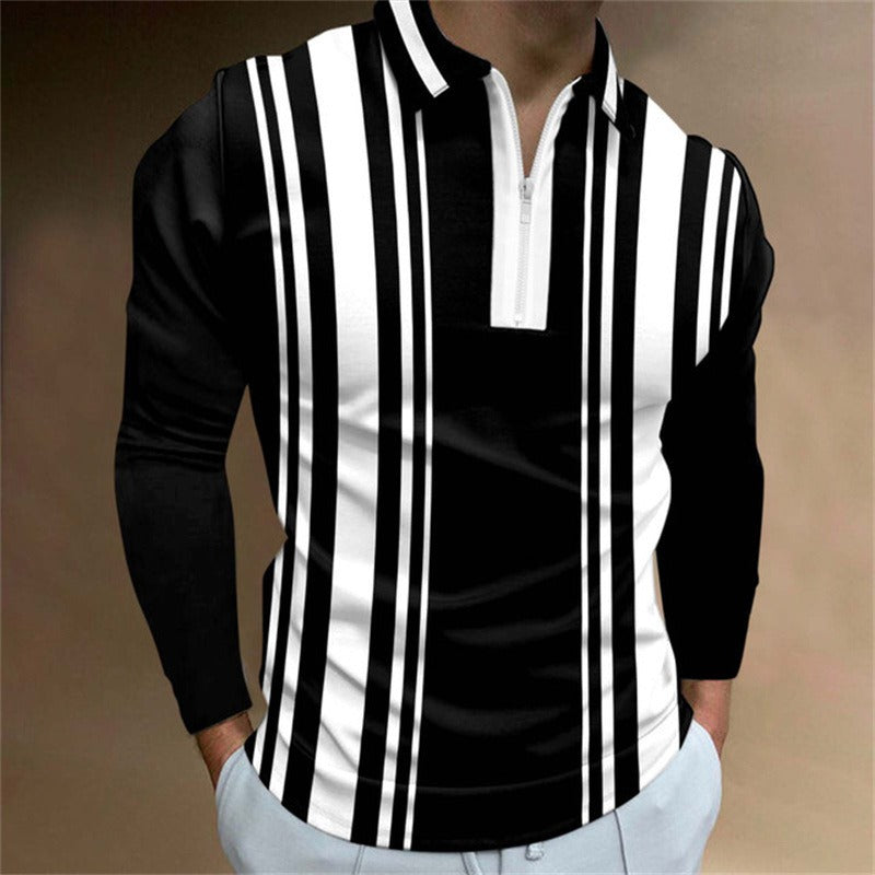 New Men's Zipper Long-Sleeved Casual Slim Sports Lapel Shirt Polo Shirt