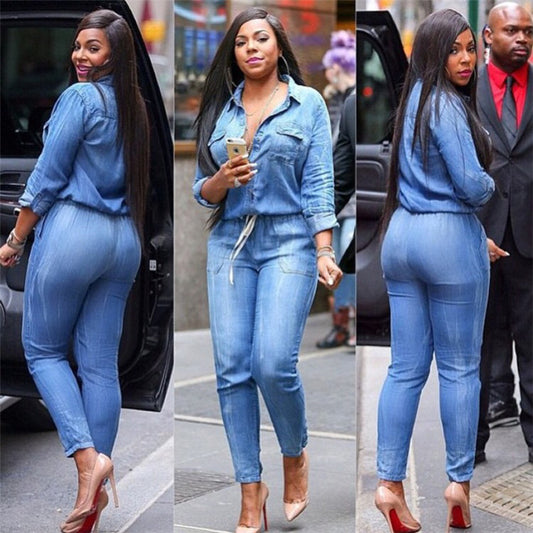 Adogirl Vintage Plus Size Jeans Jumpsuit Turn Down Collar Long Sleeve Bandage Denim Rompers Women Bodysuits Combinaison S-3XL
