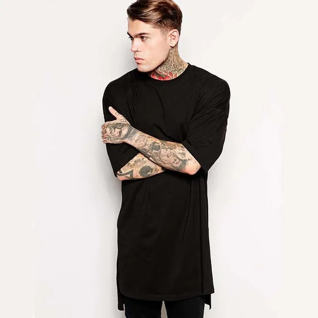 Hip Hop Style Clothing Mens Casual Long T Shirt Irregular Hem Extended Length Tees Side Split Solid Black Streetwear Tops Tee