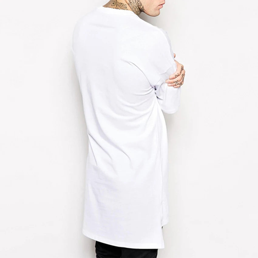 Hip Hop Style Clothing Mens Casual Long T Shirt Irregular Hem Extended Length Tees Side Split Solid Black Streetwear Tops Tee
