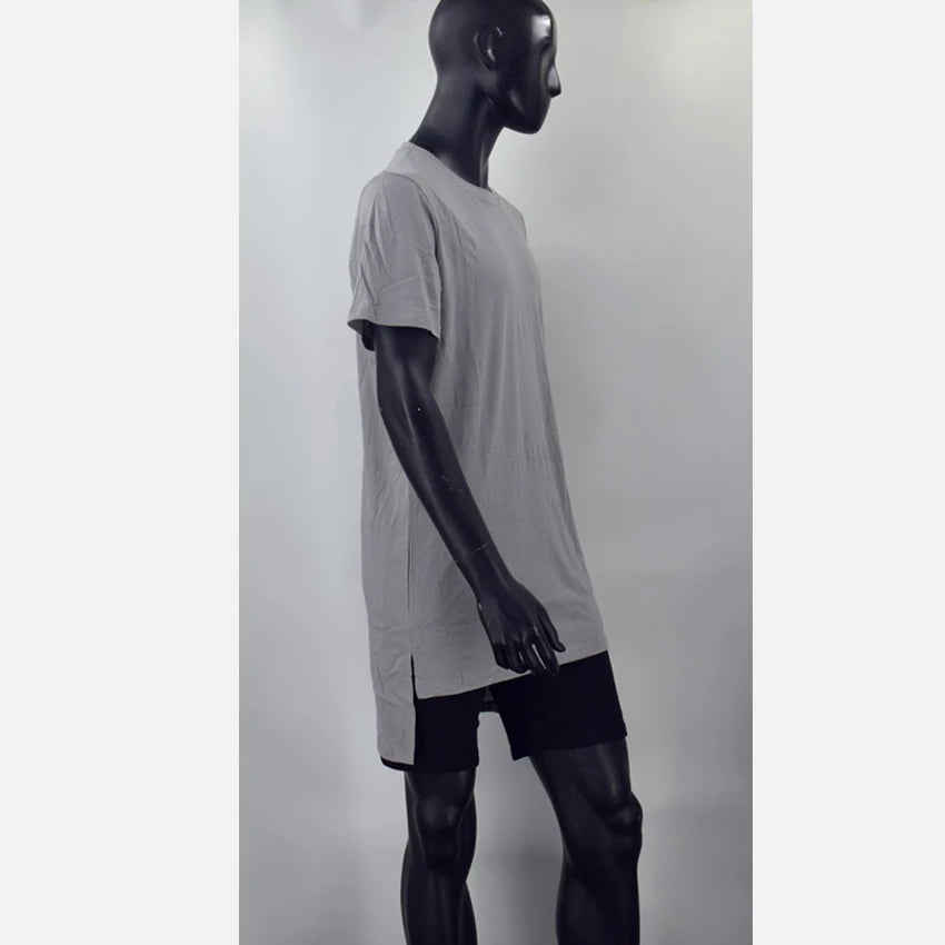 Hip Hop Style Clothing Mens Casual Long T Shirt Irregular Hem Extended Length Tees Side Split Solid Black Streetwear Tops Tee