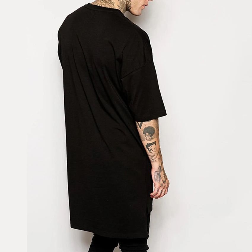 Hip Hop Style Clothing Mens Casual Long T Shirt Irregular Hem Extended Length Tees Side Split Solid Black Streetwear Tops Tee