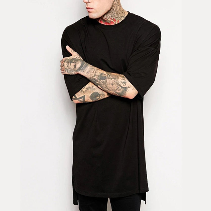 Hip Hop Style Clothing Mens Casual Long T Shirt Irregular Hem Extended Length Tees Side Split Solid Black Streetwear Tops Tee