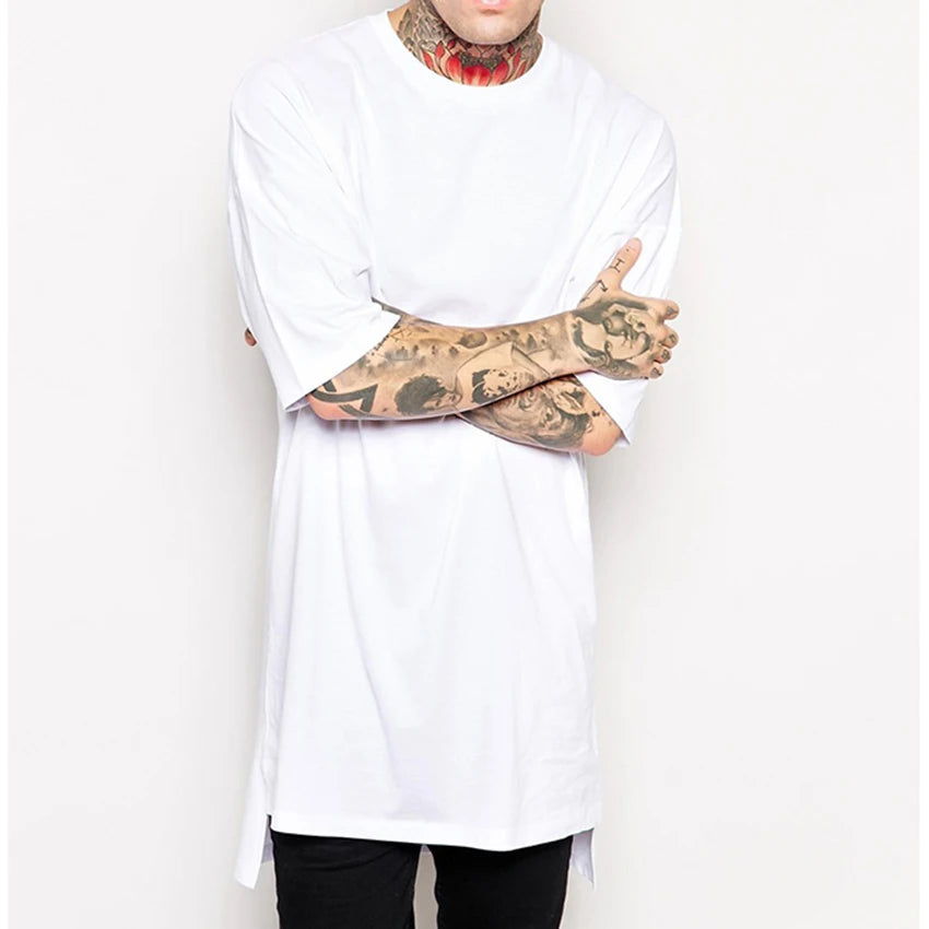 Hip Hop Style Clothing Mens Casual Long T Shirt Irregular Hem Extended Length Tees Side Split Solid Black Streetwear Tops Tee